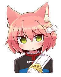 Rule 34 | 1girl, 7th dragon, 7th dragon (series), animal ear fluff, animal ears, belt, belt buckle, blue jacket, blush, buckle, cat ears, closed mouth, commentary request, cropped torso, fighter (7th dragon), green eyes, hair between eyes, hair bobbles, hair ornament, harukara (7th dragon), highres, jacket, looking at viewer, naga u, one side up, pink hair, simple background, solo, upper body, white background, white belt