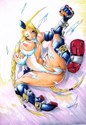 Rule 34 | 1girl, bad id, bad pixiv id, blonde hair, blue eyes, bodypaint, boots, braid, breasts, cameltoe, cammy white, capcom, fingerless gloves, garrison cap, gloves, groin, hat, highleg, highleg leotard, highres, hip focus, huge breasts, joushima, leotard, one eye closed, skin tight, solo, spread legs, street fighter, thong leotard, torn clothes, torn leotard, traditional media, twin braids, twintails, white leotard, wide hips