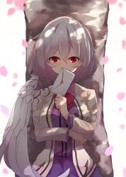 Rule 34 | 1girl, bow, bowtie, breasts, cherry blossoms, chiroru (cheese-roll), commentary request, covering own mouth, feathered wings, hair between eyes, hand up, heart, highres, holding, jacket, kishin sagume, letter, looking at viewer, love letter, medium breasts, open clothes, open jacket, purple skirt, red bow, red bowtie, red eyes, silver hair, simple background, single wing, skirt, solo, touhou, tree, upper body, white background, white wings, wind, wings