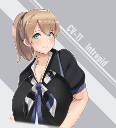 Rule 34 | 1girl, black shirt, blue eyes, blush, bow, bowtie, breasts, brown hair, character name, cleavage, collarbone, cropped torso, grey background, intrepid (kancolle), kantai collection, konoshige (ryuun), large breasts, light brown hair, long hair, looking at viewer, medium hair, open clothes, open shirt, ponytail, shirt, short sleeves, simple background, smile, solo, striped background, striped bow, striped bowtie, striped clothes, striped neckwear, two-tone background, upper body