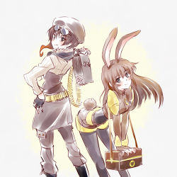 Rule 34 | 2girls, animal ears, bent over, beret, blush, brown hair, rabbit ears, rabbit tail, coco adel, fingerless gloves, glasses, gloves, hand on own hip, hat, highres, iesupa, long hair, long sleeves, looking at viewer, looking back, multiple girls, pants, rwby, scarf, shirt, smile, sunglasses, sweater, tail, velvet scarlatina