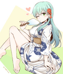 Rule 34 | 1girl, alternate costume, aqua hair, barefoot, breasts, brown sash, floral print, flower, from side, green eyes, hair flower, hair ornament, hairclip, hand fan, heart, japanese clothes, jewelry, kantai collection, kimono, large breasts, long hair, looking at viewer, md5 mismatch, obi, one eye closed, paper fan, resolution mismatch, ring, rui shi (rayze ray), sash, sidelocks, simple background, solo, source larger, suzuya (kancolle), twitter username, wedding band, white kimono, yukata