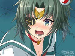 Rule 34 | 1girl, bishoujo senshi sailor moon, blush, breasts, choker, cleavage, commentary request, cosplay, crossover, derivative work, eyepatch, fang, green eyes, green hair, green sailor collar, green serafuku, hat, heart, heart choker, highres, jewelry, kantai collection, kiso (kancolle), meme, one-hour drawing challenge, open mouth, red choker, sailor collar, sailor moon, sailor moon (cosplay), sailor moon redraw challenge (meme), school uniform, screenshot redraw, serafuku, shirt, short hair, solo, teeth, white shirt, yaegashi (muzzuleflash)