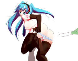 Rule 34 | 1girl, aqua eyes, ass, blue hair, dearmybrothers, elbow gloves, from behind, gloves, hatsune miku, headphones, high heels, leaning forward, looking back, open mouth, panties, panty pull, shoes, simple background, solo, spring onion, thighhighs, topless, twintails, underwear, vocaloid, white background