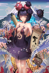 Rule 34 | 1girl, absurdres, bad id, bad pixiv id, bare shoulders, bird, black hair, blue eyes, breasts, calligraphy brush, fate/grand order, fate (series), flower, hair flower, hair ornament, highres, katsushika hokusai (fate), katsushika hokusai (third ascension) (fate), light smile, looking at viewer, luomo, medium breasts, mountain, octopus, paintbrush, scroll, short hair, solo, tentacles, waving