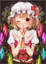 Rule 34 | 1girl, ;), alza, ascot, blonde hair, blush, bow, brooch, dress, flandre scarlet, framed, glowing, glowing wings, hat, hat bow, jewelry, looking at viewer, mob cap, one eye closed, puffy short sleeves, puffy sleeves, red dress, red eyes, shirt, short sleeves, side ponytail, smile, solo, touhou, upper body, wings, wrist cuffs