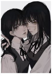 Rule 34 | 2girls, absurdres, black dress, black eyes, black hair, border, chainsaw man, chinese commentary, collared shirt, commentary request, dress, dual persona, facial scar, from side, grey background, hand in another&#039;s hair, heads together, highres, looking at viewer, low twintails, medium hair, mitaka asa, mugoa mugo, multiple girls, neck ribbon, parted lips, pinafore dress, portrait, ribbon, ringed eyes, scar, scar on cheek, scar on face, school uniform, serious, shirt, simple background, sleeveless, sleeveless dress, sweatdrop, twintails, white border, white shirt, yellow eyes, yoru (chainsaw man)