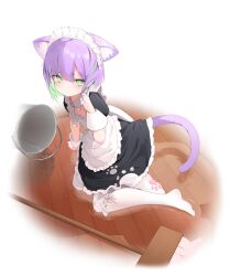 Rule 34 | 1girl, absurdres, animal ear fluff, animal ears, apron, black dress, bucket, cat ears, cat girl, cat tail, chocpocalypse, dress, fallen down, green eyes, green hair, highres, holding, holding own hair, indie virtual youtuber, kneeling, looking at viewer, maid, maid headdress, mop, multicolored hair, no shoes, pantyhose, pink hair, short hair, short sleeves, shwaa, solo, tail, two-tone hair, virtual youtuber, water, wet, wet clothes, white apron, white pantyhose, wrist cuffs