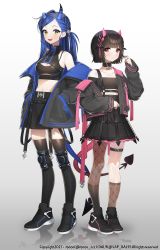 Rule 34 | 2girls, absurdres, belt, black belt, black footwear, black hair, black jacket, black skirt, blue hair, breasts, commentary, crop top, dal9, demon girl, demon horns, demon tail, english commentary, flat chest, hair behind ear, hands in pocket, highres, horns, jacket, knee pads, long hair, maru (dal9), medium breasts, mono (mono zzz), multicolored hair, multiple girls, neiri (dal9), off shoulder, official art, pink hair, red eyes, shoes, short hair, skirt, smile, sneakers, standing, streaked hair, tail, thigh strap, thighhighs, virtual youtuber, yellow eyes