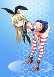 Rule 34 | 10s, 1girl, :&lt;, bad id, bad pixiv id, bare shoulders, bent over, blonde hair, butt crack, chestnut mouth, elbow gloves, gloves, green eyes, hex grid, high heels, highres, honeycomb (pattern), honeycomb background, honeycomb pattern, kantai collection, long hair, rantia, shimakaze (kancolle), skirt, solo, striped clothes, striped thighhighs, thighhighs, thighs
