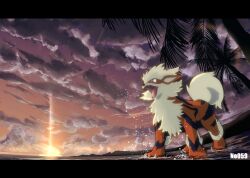 Rule 34 | animal focus, arcanine, beach, cloud, cloudy sky, creatures (company), fang, game freak, gen 1 pokemon, letterboxed, nintendo, no-goku (penicillium), no humans, open mouth, orange eyes, outdoors, palm tree, pokedex number, pokemon, pokemon (creature), scenery, sky, striped fur, sunset, tree, wading, water drop