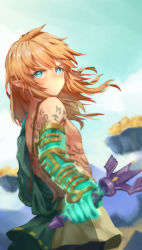 Rule 34 | 1boy, blonde hair, blue eyes, blue sky, blurry, blurry background, bodypaint, closed mouth, cloud, day, floating hair, floating island, from side, highres, holding, holding sword, holding weapon, link, long hair, looking at viewer, male focus, master sword, nintendo, outdoors, pointy ears, prosthesis, serious, sidelocks, single bare shoulder, sky, solo, sword, the legend of zelda, the legend of zelda: breath of the wild, the legend of zelda: tears of the kingdom, v-shaped eyebrows, weapon