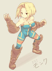 Rule 34 | 1girl, bare shoulders, blonde hair, blue eyes, boots, breasts, brown eyes, cleavage, final fantasy, final fantasy tactics, full body, gloves, highres, kamuran, large breasts, monk (fft), short hair, simple background, solo, standing, unitard, white background