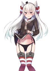 Rule 34 | 10s, 1girl, absurdres, amatsukaze (kancolle), bad id, bad pixiv id, black panties, blush, brown dress, brown eyes, choker, dress, embarrassed, garter straps, gloves, hair tubes, highres, kantai collection, lifebuoy, lifted by self, long hair, looking at viewer, panties, red thighhighs, sailor collar, sailor dress, short dress, silver hair, simple background, single glove, solo, striped clothes, striped thighhighs, suruga (xsurugax), swim ring, thighhighs, thighs, two side up, underwear, white background, white gloves