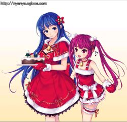 Rule 34 | 2girls, arin, bell, blue eyes, blue hair, cake, chocolate, christmas, dress, flower, food, gloves, gradient background, happy, kooh, long hair, multiple girls, musical note, official art, pangya, papel, pastry, quaver, red eyes, red gloves, red hair, ribbon, simple background, smile, twintails