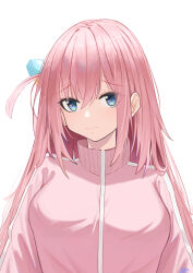 Rule 34 | 1girl, absurdres, blue eyes, blush, bocchi the rock!, breasts, commentary request, cube hair ornament, gotoh hitori, hair between eyes, hair ornament, happy05x, highres, jacket, large breasts, long hair, long sleeves, one side up, pink hair, pink jacket, pink track suit, side ahoge, simple background, solo