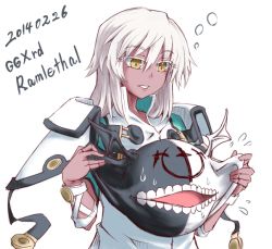 Rule 34 | 1girl, cape, character name, cheek pull, colored eyelashes, copyright name, creature, dark skin, dated, familiar, flying sweatdrops, guilty gear, guilty gear xrd, no headwear, ramlethal valentine, simple background, solo, white background, white hair, whitesesame, yellow eyes