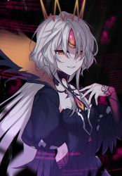 Rule 34 | 1girl, android, bad id, bad pixiv id, black dress, breasts, code: antithese (elsword), commentary, crown, dark persona, dress, electricity, elsword, empty eyes, english text, eve (elsword), evil smile, facial mark, feathers, fingernails, forehead jewel, grin, half-closed eyes, juliet sleeves, long hair, long sleeves, looking at viewer, mikan (migwang), pale skin, puffy sleeves, robot, sidelocks, small breasts, smile, solo, symbol-only commentary, teeth, upper body, wavy hair, white hair, yellow eyes