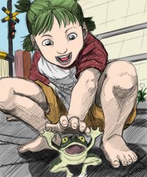 Rule 34 | 4chan, barefoot, child, drawfag, feet, foreshortening, frog, green eyes, green hair, koiwai yotsuba, non-web source, realistic, sketch, solo, squatting, yotsubato!