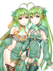 Rule 34 | 2girls, ahoge, alternate form, braid, brown eyes, brown thighhighs, detached sleeves, flat chest, flower knight girl, green nails, green thighhighs, holding hands, long sleeves, mint, mint (flower knight girl), mint hair ornament, monoton (neoteto), multiple girls, smile, thighhighs, white background