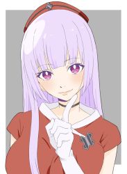 Rule 34 | 1girl, absurdres, bad id, bad twitter id, black choker, blunt bangs, bright pupils, choker, closed mouth, copyright request, donguri suzume, gloves, grey background, hat, hell&#039;s channel, highres, long hair, looking at viewer, purple eyes, purple hair, red hat, red shirt, rokudou mei, shirt, short sleeves, simple background, smile, solo, upper body, virtual youtuber, white gloves