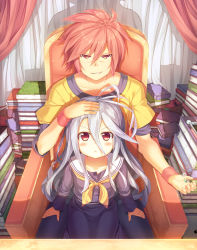 Rule 34 | 10s, 1boy, 1girl, :&lt;, armchair, between legs, black serafuku, book, book stack, brother and sister, chair, dice, grin, hand on another&#039;s head, hand on another&#039;s leg, highres, light brown hair, long hair, no game no life, olive (laai), orange eyes, red eyes, school uniform, serafuku, shiro (no game no life), shirt, short hair, siblings, silver hair, sitting, sitting on lap, sitting on person, smile, sora (no game no life), t-shirt, wristband