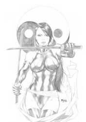 Rule 34 | 1girl, artist request, bare shoulders, breasts, covered navel, curvy, fingerless gloves, gloves, highleg, highleg leotard, highres, holding, holding weapon, impossible clothes, impossible leotard, katana, large breasts, leotard, light smile, lips, long hair, looking at viewer, marvel, monochrome, psylocke, revealing clothes, sash, scan, shiny clothes, shiny skin, simple background, skin tight, solo, standing, superhero costume, sword, traditional media, weapon, wide hips, x-men