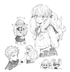 Rule 34 | 1girl, 2boys, :&gt;, ^ ^, arms behind back, big hair, blouse, blush, bow, bowtie, briefcase, chibi, classroom, clenched hand, closed eyes, closed mouth, commentary request, cowboy shot, cropped legs, curly hair, curtains, dot mouth, dot nose, empty eyes, expressionless, eyebrows hidden by hair, facing viewer, flower, flower (symbol), from behind, from side, gakuran, greyscale, guu (hakahonoo), hair behind ear, hair between eyes, hair flower, hair ornament, happy, hatching (texture), high collar, holding, holding briefcase, linear hatching, long hair, long sleeves, looking at another, looking at viewer, looking back, looking to the side, midriff peek, miniskirt, monochrome, multiple boys, multiple views, open mouth, original, outstretched arm, pleated skirt, portrait, profile, puffy long sleeves, puffy sleeves, rose, sailor collar, school, school briefcase, school uniform, serafuku, shirt, simple background, sketch, skirt, sleepy, sleeve cuffs, split mouth, straight-on, swept bangs, tareme, translation request, upper body, v-shaped eyebrows, white background, window