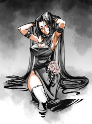 Rule 34 | 1girl, absurdres, arms behind head, bare shoulders, black eyes, black hair, breasts, china dress, chinese clothes, cleavage, cleavage cutout, clothing cutout, dress, facepaint, flower, ga320aaa, grey dress, grey thighhighs, hair between eyes, highres, large breasts, long hair, original, parted lips, partially submerged, pink flower, side slit, sideboob, sleeveless, solo, thighhighs, very long hair