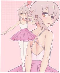 Rule 34 | 1girl, :d, absurdres, ahoge, alternate costume, back, ballerina, ballet dress, ballet slippers, bare arms, bare back, bare shoulders, blush, breasts, brown eyes, child, collarbone, commentary, english commentary, genderswap, genderswap (mtf), grey hair, hair between eyes, hair bun, hair up, highres, looking at viewer, multicolored hair, multiple views, onii-chan wa oshimai!, open mouth, outline, oyama mahiro, pantyhose, pink background, pink footwear, pink hair, retoleedraws, shoulder blades, simple background, small breasts, smile, spaghetti strap, two-tone hair, white outline, white pantyhose