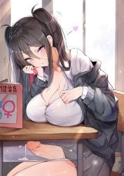 Rule 34 | 1futa, black hair, black jacket, black skirt, blouse, blush, book, breast rest, breasts, breasts on table, bulge, chair, cleavage, clothes lift, collared shirt, desk, erection, erection under clothes, futanari, futanari masturbation, graphite (medium), grin, hair between eyes, hair ornament, hairclip, hand on own cheek, hand on own face, heart, highres, indoors, jacket, large breasts, large penis, laughing, long hair, long sleeves, looking at viewer, luse maonang, mars symbol, masturbation, mechanical pencil, miniskirt, on chair, open book, open clothes, open jacket, original, parted lips, pencil, penis, pink eyes, precum, precum string, school chair, school desk, school uniform, shirt, sidelocks, sitting, skirt, skirt lift, smile, solo, taut clothes, taut shirt, traditional media, translated, twintails, uncensored, veins, veiny penis, venus symbol, white shirt, x-ray, yuuki nanase