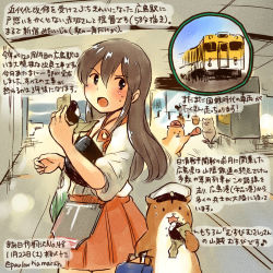 Rule 34 | 10s, 1girl, admiral (kancolle), akagi (kancolle), animal, brown eyes, brown hair, commentary request, dated, food, hakama, hakama skirt, hamster, holding, holding food, japanese clothes, kantai collection, kirisawa juuzou, long hair, muneate, non-human admiral (kancolle), nontraditional miko, open mouth, red hakama, skirt, sweat, tasuki, traditional media, train, train station, translation request, twitter username