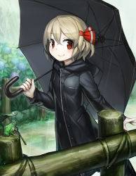 Rule 34 | 1girl, alternate costume, animal, black coat, black umbrella, blonde hair, blush, breast pocket, coat, commentary request, fence, flower, frog, from side, hair between eyes, hair ribbon, highres, holding, holding umbrella, hood, hood down, hooded coat, hydrangea, leaf umbrella, long sleeves, looking at viewer, looking to the side, outdoors, path, pocket, rain, raincoat, red eyes, red ribbon, ribbon, road, rumia, short hair, solo, spark621, tareme, touhou, umbrella, walking, water drop