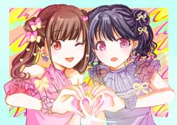 Rule 34 | 2girls, ;d, absurdres, artist request, black hair, brown hair, candy earrings, commentary request, double bun, earrings, fangs, fukumaru koito, hair bun, heart, heart hands, heart hands duo, highres, idolmaster, idolmaster shiny colors, jewelry, looking at viewer, multiple girls, off-shoulder shirt, off shoulder, one eye closed, open mouth, pink shirt, purple eyes, red eyes, shirt, skin fangs, smile, sonoda chiyoko, twintails, upper body, wrist cuffs
