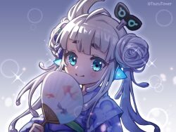 Rule 34 | 1girl, and uge, blue eyes, blue kimono, blunt bangs, blush, closed mouth, commentary, double bun, flat chest, hair bun, hand fan, japanese clothes, kimono, long hair, looking at viewer, medium bangs, nanashi inc., sidelocks, smile, solo, sparkle, thick eyebrows, tsurutower, upper body, virtual youtuber, white hair, winding key