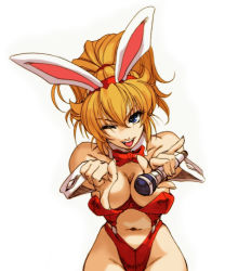 Rule 34 | 1girl, animal ears, banpresto, bare legs, blonde hair, blue eyes, breasts, cleavage, detached collar, excellen browning, fake animal ears, groin, highleg, hip focus, hisahiko, leotard, microphone, one eye closed, playboy bunny, pointing, rabbit ears, red hair, simple background, solo, super robot wars, teeth, upper teeth only, v-shaped eyebrows, white background, wink
