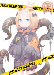 Rule 34 | 1girl, abigail williams (fate), abigail williams (traveling outfit) (fate), absurdres, bandaid, bandaid on face, bandaid on forehead, belt, black bow, black jacket, blonde hair, blue eyes, bow, breasts, caution tape, crossed bandaids, english text, fate/grand order, fate (series), forehead, hair bow, hair bun, heroic spirit traveling outfit, high collar, highres, jacket, keep out, long hair, multiple hair bows, hugging object, official alternate costume, orange belt, orange bow, parted bangs, polka dot, polka dot bow, pupeng, single hair bun, sleeves past fingers, sleeves past wrists, small breasts, solo, stuffed animal, stuffed toy, teddy bear, tentacles, thighs, white background