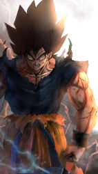 Rule 34 | 1boy, absurdres, black hair, black wristband, bleeding, blood, blue shirt, clenched hand, clenched teeth, commentary request, constricted pupils, dragon ball, dragonball z, energy, greymon (nodoame1215), highres, looking down, male focus, orange pants, pants, pectoral cleavage, pectorals, sash, shirt, sleeveless, sleeveless shirt, solo, son goku, spiked hair, teeth, veins, wristband