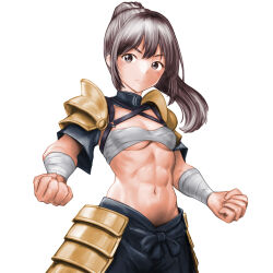 Rule 34 | 1girl, abs, bandaged arm, bandages, breasts, budget sarashi, cleavage, clenched hands, closed mouth, double-parted bangs, frown, grey eyes, grey hair, highres, long hair, minamoto80486, navel, ponytail, ringed eyes, sarashi, simple background, small breasts, solo, split mouth, underboob, white background, wizardry