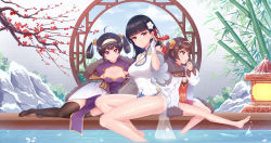 Rule 34 | 3girls, absurdres, artist request, azur lane, bamboo, bare shoulders, black hair, black legwear, branch, breasts, brown hair, china dress, chinese clothes, cleavage, cleavage cutout, clothing cutout, covered navel, dress, fingerless gloves, flower, fur trim, gloves, hair flower, hair ornament, hairband, hand in own hair, highres, long hair, looking at viewer, multiple girls, new year, ning hai (azur lane), pelvic curtain, ping hai (azur lane), purple dress, red dress, red eyes, sitting, thighhighs, thighs, wading, water, white dress, white flower, white gloves, wooden floor, yat sen (azur lane)