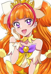 Rule 34 | 1girl, :d, amanogawa kirara, blush, bow, collarbone, cure twinkle, dress, earrings, gloves, go! princess precure, hair bow, hair intakes, highres, jewelry, long hair, multicolored hair, open mouth, orange hair, precure, purple bow, purple eyes, red hair, sharumon, simple background, smile, solo, star (symbol), star earrings, strapless, strapless dress, streaked hair, upper body, very long hair, white background, white bow, white gloves, yellow dress