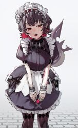 1girl black_hair brown_pantyhose colored_inner_hair commentary_request ellen_joe fins fish_tail grey_background hair_ornament highres looking_at_viewer maid maid_headdress mole mole_under_eye multicolored_hair open_mouth pantyhose puffy_short_sleeves puffy_sleeves red_eyes red_hair shark_girl shark_tail sharp_teeth short_sleeves simple_background solo solokitsune standing tail teeth two-tone_hair upper_teeth_only wrist_cuffs x_hair_ornament zenless_zone_zero