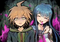 Rule 34 | 1boy, 1girl, :d, black jacket, blood, blood from mouth, blue sailor collar, brown hair, closed eyes, collarbone, danganronpa: trigger happy havoc, danganronpa (series), green hair, green hoodie, green jacket, green sailor collar, hair ornament, hairclip, highres, hood, hood down, hoodie, jacket, long hair, long sleeves, maizono sayaka, multicolored background, naegi makoto, open clothes, open jacket, open mouth, pink blood, sailor collar, school uniform, short hair, smile, teeth, upper teeth only, youko-shima