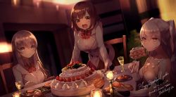 Rule 34 | 10s, 2016, 3girls, :/, :d, arm support, bad id, bad pixiv id, birthday cake, blazer, blurry, blush, bow, bowtie, breasts, brown eyes, brown hair, c.c.r (ccrgaoooo), cake, candle, chair, closed mouth, collarbone, cup, dated, depth of field, drinking glass, dutch angle, eyebrows, fire, food, fruit, grey hair, happy birthday, highres, indoors, jacket, leaning forward, long hair, long sleeves, meat, medium breasts, multiple girls, open mouth, original, plate, red bow, red bowtie, red eyes, signature, smile, strawberry, table, two side up, wine glass, yellow eyes