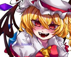Rule 34 | 1girl, ascot, blonde hair, close-up, collared shirt, fangs, flandre scarlet, frilled shirt collar, frills, hair between eyes, hat, hat ribbon, highres, laevatein (touhou), looking at viewer, mob cap, multicolored wings, open mouth, puffy short sleeves, puffy sleeves, red eyes, red ribbon, red vest, ribbon, shirt, short sleeves, simple background, solo, teeth, touhou, twitter username, vest, white background, white hat, white shirt, wings, yellow ascot, youto ekakiaka