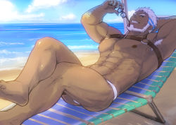Rule 34 | 1boy, abs, aegir (housamo), ass, bara, beard, blue eyes, bulge, chest harness, dark skin, dark-skinned male, facial hair, feet out of frame, harness, katoributa a, large pectorals, looking at viewer, male focus, male underwear, manly, muscular, nipples, pectoral press, pectorals, smile, solo, thick thighs, thighs, tokyo houkago summoners, underwear, underwear only, white hair