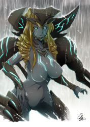 Rule 34 | 1girl, bad id, bad pixiv id, bioluminescence, blonde hair, blue eyes, breasts, drill hair, epic, garayann, glowing, glowing eyes, glowing veins, horns, kaijuu, large breasts, legendary pictures, monster girl, navel, neon trim, no nipples, nude, pacific rim, personification, rain, scunner, solo, vambraces, veins
