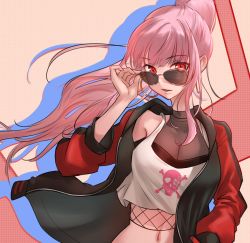Rule 34 | 1girl, adjusting eyewear, adjusting glasses, artist request, black jacket, breasts, cleavage, crop top, crop top overhang, earrings, hand on eyewear, highres, holding, hololive, hololive english, hoop earrings, jacket, jewelry, long hair, long sleeves, looking at viewer, looking over eyewear, looking over glasses, midriff, mori calliope, multicolored background, nail polish, navel, off shoulder, open clothes, open jacket, parted lips, pink hair, ponytail, red eyes, shirt, sidelocks, sleeveless, sleeveless shirt, solo, sunglasses, tagme, tinted eyewear, virtual youtuber, white shirt
