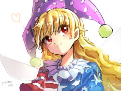 Rule 34 | 1girl, american flag, american flag print, artist name, blonde hair, blush, closed mouth, clownpiece, fairy wings, flag print, hat, heart, highres, ichirugi, jester cap, long hair, looking away, looking up, neck ruff, pixiv id, polka dot headwear, purple hat, short sleeves, simple background, smile, solo, tareme, touhou, upper body, wavy hair, white background, wings