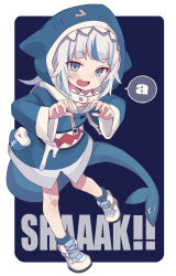 Rule 34 | 1girl, :d, a (phrase), animal costume, animal hood, bad id, bad pixiv id, blue background, blue eyes, blue hair, blush, catchphrase, commentary, english text, fins, fish tail, gawr gura, gawr gura (1st costume), highres, hololive, hololive english, hood, long hair, long sleeves, multicolored hair, open mouth, outside border, shark costume, shark hood, shark tail, sharp teeth, shoes, smile, solo, speech bubble, streaked hair, tail, teeth, two-tone hair, virtual youtuber, white hair, yoshida makura